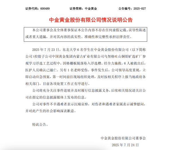 我要配资 中金黄金就6名大学生意外溺亡发布公告